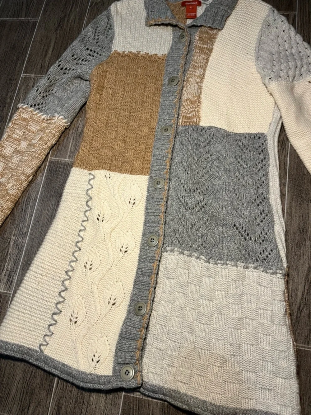 Sundance Patchwork Knit Duster Sweater Gray Tan Cream Lambswool Womens Small - Picture 2 of 8